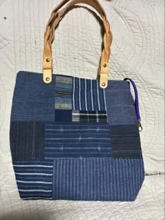 古布 藍染 トートバッグ パッチワーク 柿渋染 絣 着物リメイク 1点物 A4 古布 藍染 トートバッグ パッチワーク 柿渋染 絣 着物リメイク 1点物
