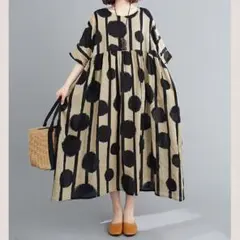 ロングワンピース　ドット　ストライプ　ゆったり　総柄　Ａライン　ワイド　涼しい