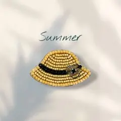 【麦わら帽子】ビーズ刺繍ブローチ ビーズブローチ ハンドメイド ファッション