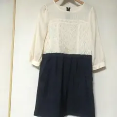 PAGEBOY 　レース切替ワンピース 七分袖 オフ ホワイト✕ブラック