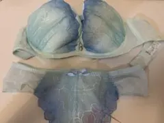 AMOSTYLE 青色グラデーション 花柄ブラジャーショーツセット
