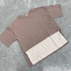 レトロガール レイヤード風 半袖 カットソー ピンク ベージュ フリーサイズ