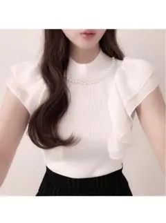 GRL パールネックフリルリブニットトップスのサムネイル