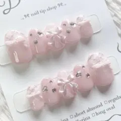 【サイズオーダー】量産型　韓国ネイル　フレンチガーリー　リボン　ピンク