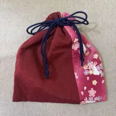 花柄巾着袋 赤とピンク