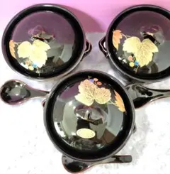 茶碗蒸し器　廣斎 蓋付き煮物椀 3客セット 葡萄柄　陶器製　おさじ付きのサムネイル