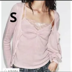 ZARA レーストップコントラストジャケット Sサイズ ピンク カーディガン