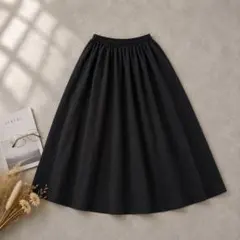 N297 クラシカルエルフ ロングスカート フレア 上品 麻混 XL ブラック