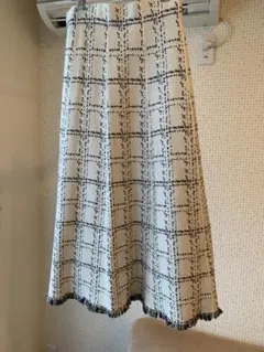 白黒チェック柄 ニットフレアスカート ウエストゴム ミモレ丈