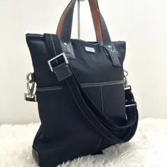 コーチ 2way フォールドオーバー トートバッグ ナイロン レザー A4◎ 黒
