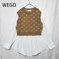 【WEGO】重ね着風モノグラムジャガードニットシャツ ブラウン×ホワイト Ｆのサムネイル