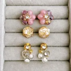 ハンドメイド　レジン　サージカルステンレスピアス　アクセサリー　シェル　金箔　花