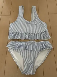 H&M 水着 122/128 水色と白のストライプ フリル付き