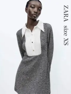 新品未使用 ZARA ザラ コントラストサテンテクスチャーワンピース XS