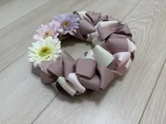 ハンドメイド フラワーリース リボンリース ピンク系　デイジー　お花