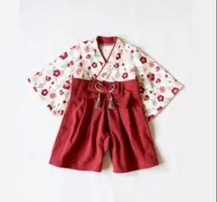 新品未使用　90cm モクモフ　うめ柄　赤　袴ロンパース　お食い初め　初節句