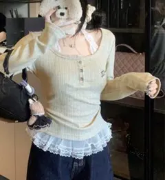 リブ編みライトグリーン長袖トップス