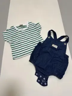 ストライプトップスとデニムオーバーオールセット