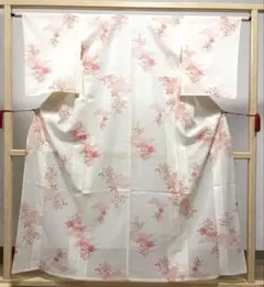 A 夏物 菊に紅葉 白 露草 橙 化繊 小紋 薄物 絽 紗 着物 60のサムネイル
