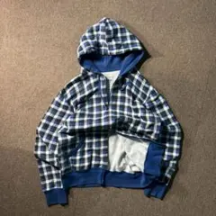 OLD UNIQLO 00s ダブルジップパーカー チェック 青 L スウェット
