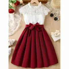 キッズ　女の子ドレス140ワンピース子供フォーマル発表会ピアノかわいい赤レッド