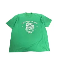 90s プリントTシャツ　半袖　シングル　グリーン　古着8S3
