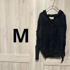 ネイビー Vネック セーター 【M】 ニット フード付き 冬 秋 古着 無地