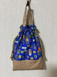 ハンドメイド上履き入れ巾着袋昆虫柄ブルー色