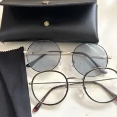 ラウンド・オーバルメガネ　ブルーレンズサングラスメガネ入れ　メガネ拭き入