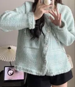 ラメツイード風ジャケット 韓国ニット秋冬