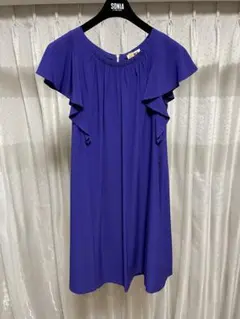 SONIA ロイヤルブルー　フリル袖 ひざ丈ワンピース　ひも付き　Sサイズ 美品のサムネイル
