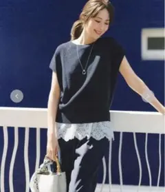 半袖ニット 裾レースレイヤード風トップスのサムネイル