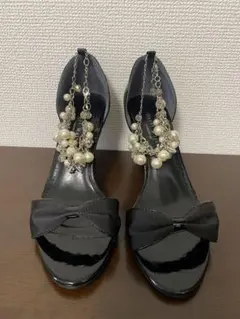 パンプス　ブラック　リボン　パーティー　結婚式　23cm