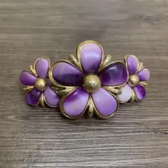 3F 昭和レトロ ヴィンテージ フラワー バレッタ パープル ゴールド 3連 花