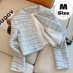 ツイード　ジャケット　ノーカラー　ショート丈　水色　パールボタン 春　M　上品