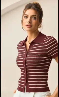SHEIN　ニットカーディガン　半袖　リブニット　骨スト　バーガンディ　新品のサムネイル