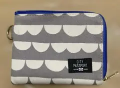 中古　ジップ　リング　パス　ケース　コイン　布　グレー　青　コットン　白　金具