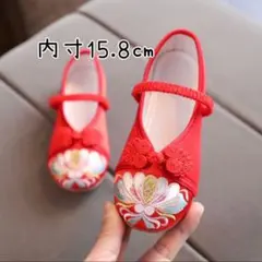 和装　スニーカー　スリッポン　蓮花　赤　着物　15.8cm　34-2