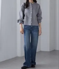 ラナン【RANAN】　ゴールド調ボタンニットカーデ　カーディガン グレー