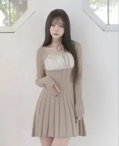 ダーリッチ ネックリボンデザインフレアニットミニワンピース