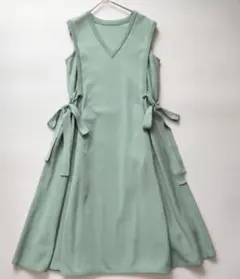 美品 フォクシー ノースリーブ ニット ワンピース サイドリボン グリーン 40