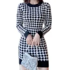 韓国 オルチャン 千鳥格子 ミニワンピース 秋冬 長袖 レディース