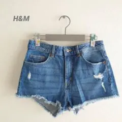 H&M エイチアンドエム ダメージ デニム ショートパンツ ブルー L 38