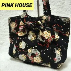 PINK HOUSE　ピンクハウス　花柄ハンドバッグ　黒　リボン　ミラー付きのサムネイル