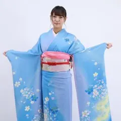 振袖 18点セット 成人式　正絹京友禅振袖　水色地に黄ぼかし銀刺繍青桜吹雪070