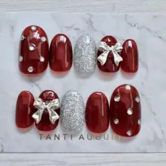 【No.423】韓国ネイル 赤ネイル リボンネイル ネイルチップ