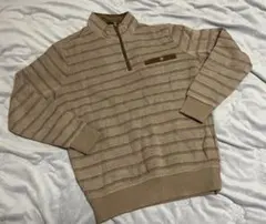 ハーフジップシャツ　ベージュストライプデザイン ニットセーター