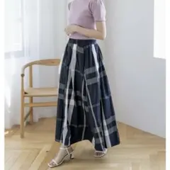 fifth チェックロングフレアスカート ネイビー M 軽量 薄手 フィフス 夏