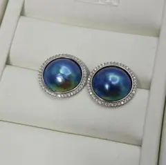 くっきー☆様ご確認用　本真珠　マベパール　ブルー緑オーロラ干渉色　S925ピアス