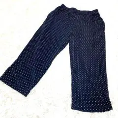 ネイビー ドット柄 カジュアルパンツ　ゴムウエスト　伸縮性　裾スリット　ポケット
